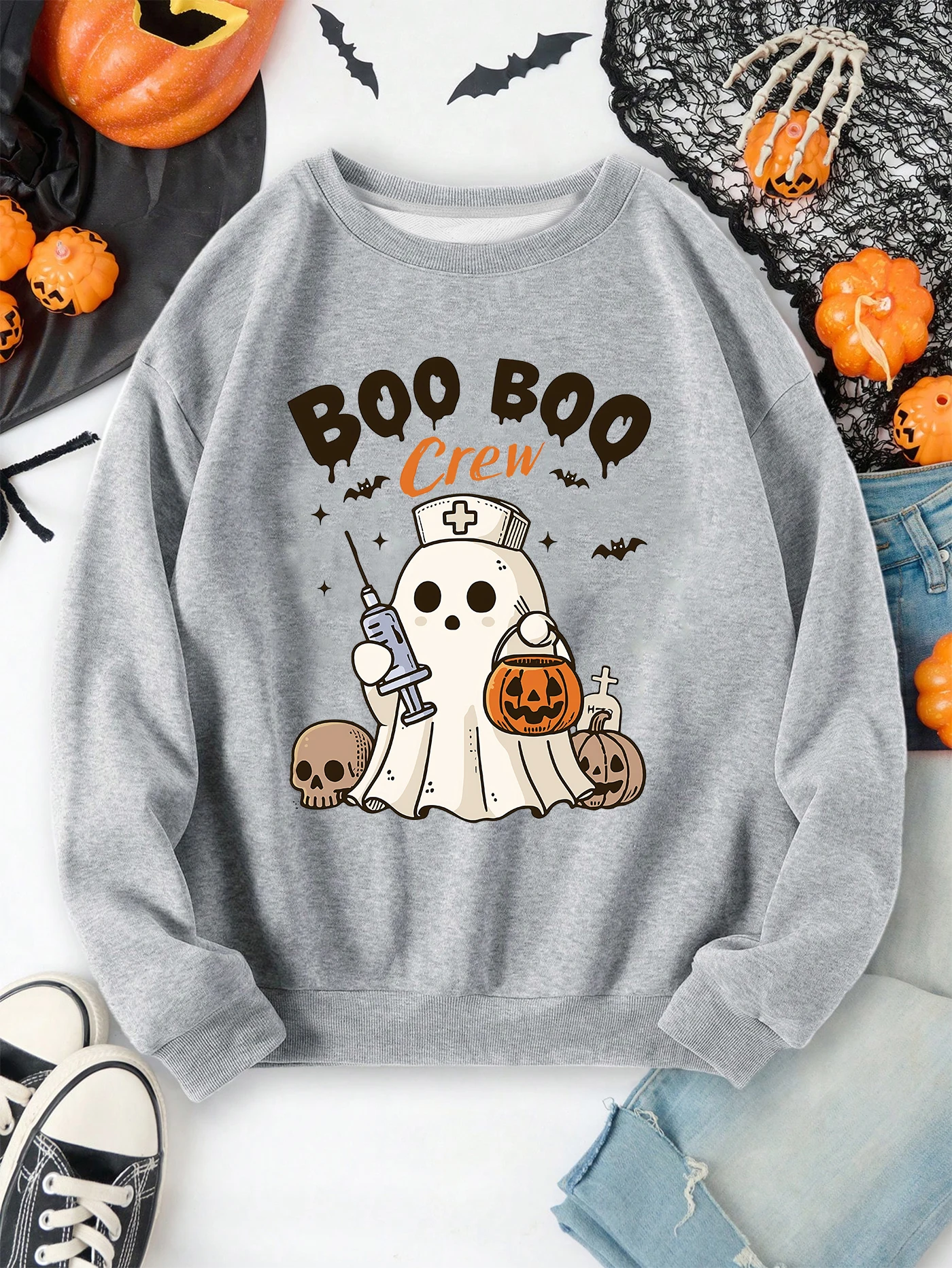 

Halloween print sweatshirt, crew neck casual sweatshirt for winter & fall, women's clothing.