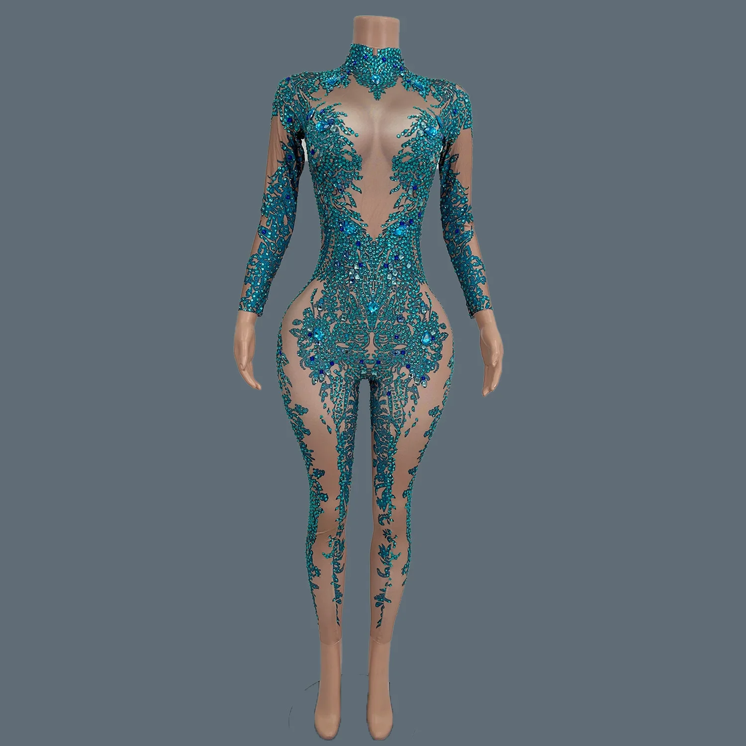 

Spandex Bodycon Jumpsuit Nightclub Costume Party for Sexy Women Dance Stage Outfit Shine Rhinestone Jumpsuit Qingputao
