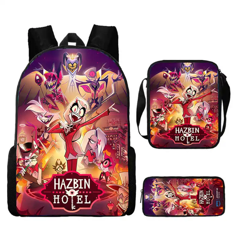 Mochila Escolar Anime de Grande Capacidade para Meninos e Meninas, Mochilas com Sacos De Ombro, Sacos De Lápis, H-Hazbin, Hotel, 3PCs por Conjunto