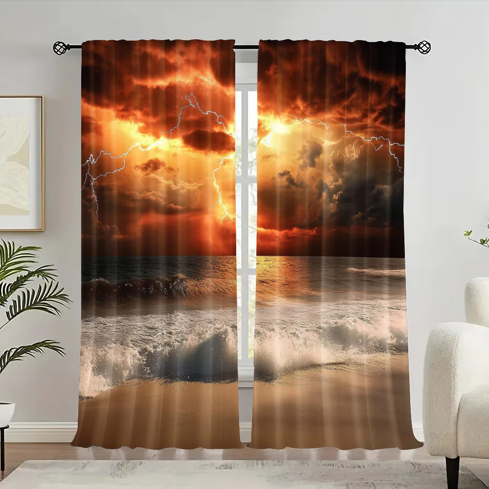 2Pcs Waves Stormy Lightning Backdrop Fabric 9X6Ft Dark Night Clouds Sky Sea Storm Seascape Sand Beach Thunder Background For Bad