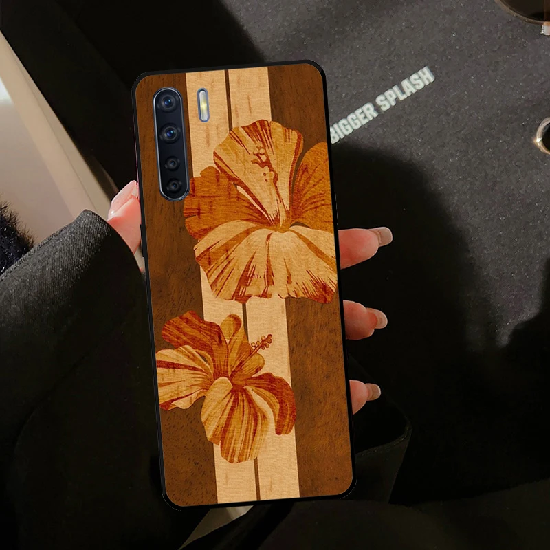 Hawaiian Faux Wood Surfboard Cover For OPPO A74 A54 A94 A78 A98 A16 A76 A96 A15 A17 A77 A52 A72 A5 A9 A53 A54s A57s Case