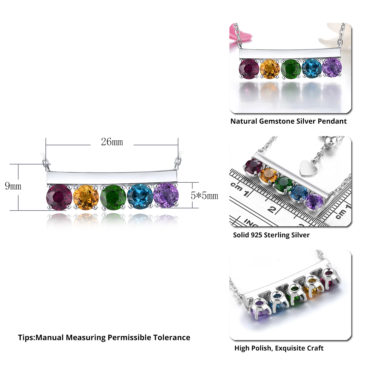 Natural Multicolor Gemstones Solid Sterling Silver Necklace Pendants 2.6 Carats Genuine Garnet Amethyst S925 Rhodium Plated