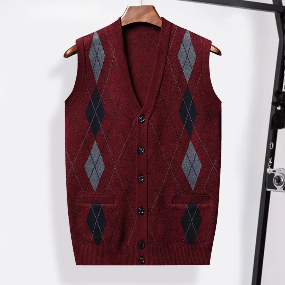 

Sleeveless V-neck Cardigan Stylish Men's V-neck Sleeveless Cardigan Vest with Buttons Pockets Mid-aged Male Top for Autumn