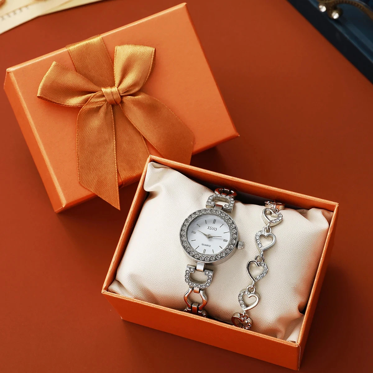 ساعة كوارتز نسائية عصرية صغيرة وخفيفة فاخرة ذات قرص دائري من الماس مجموعة سوار الحب الماسي مكونة من قطعتين، مناسبة لعيد الميلاد #3