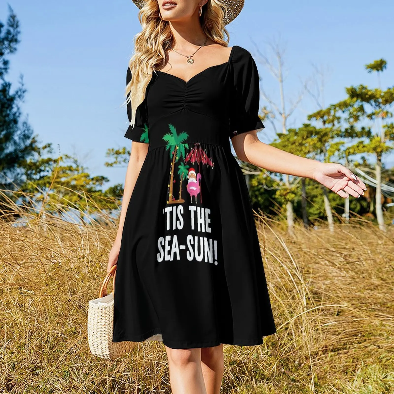 Tis the Sea-Sun Tropical Christmas Season Santa Flamingo Fan Short Sleeved Dress Women's summer suit Dress