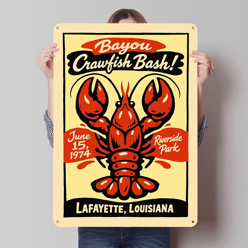 Bayou Crawfish Bash! Vintage Tinplate Poster Custom Wall Art Vintage Metal Signs Retro Tin Plaque for Bathroom Decor House Home