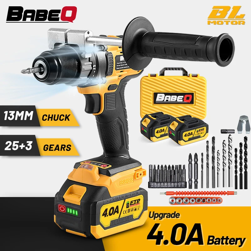 21V Cordless Impact Drill Upgrades 4.0A Battery Fast Charge Built-in LED Light Brushless Electric Drill Use for Wall/Wood/ Metal