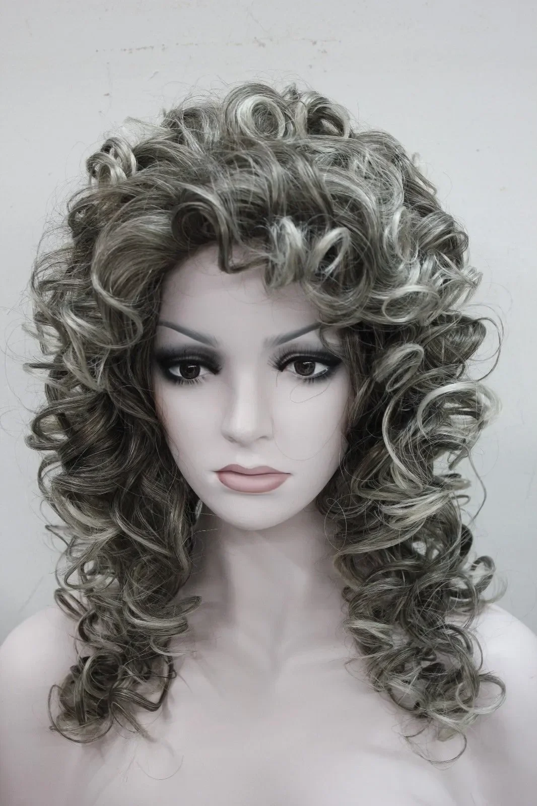 

brown root mix with gray tip curly women' 50cm long wig