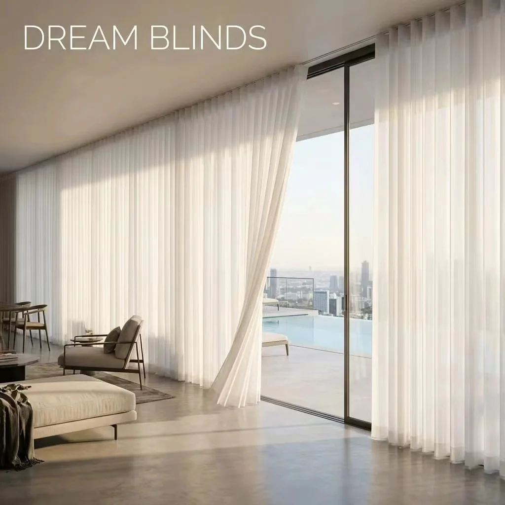 Hot selling Filter Sunlight High-End Fabric Connect Tuya Google Motorized Vertical Dream Sheer Curtain For Large Windows