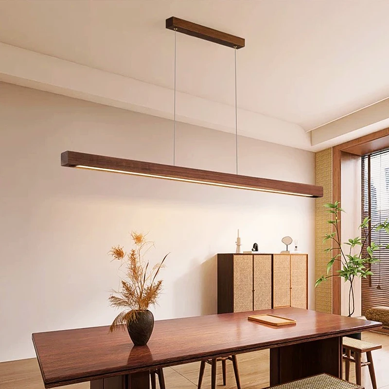 Modern Nordic LED Pendant Light Dining Table Lamp Wood Long Strip Suspension Chandelier for Living Dining Room Lighting Fixture