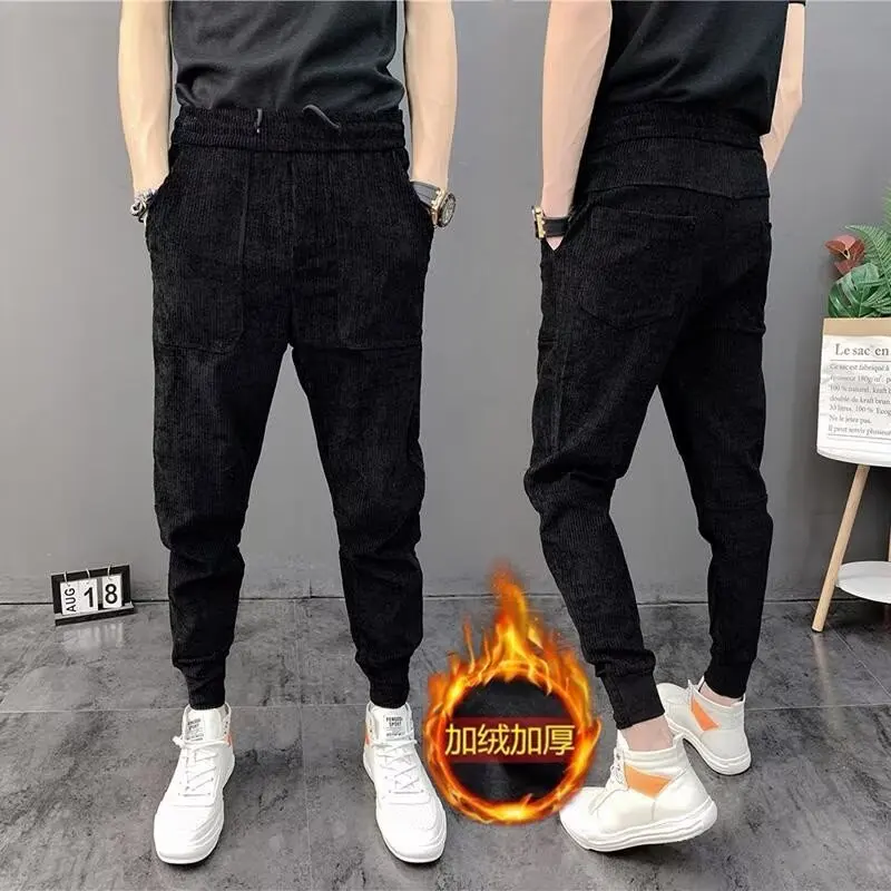 Moletom de veludo forrado de lã masculino, calça casual Slims, calça harém na moda, calça de jogging Rib Leg, calça Y2K