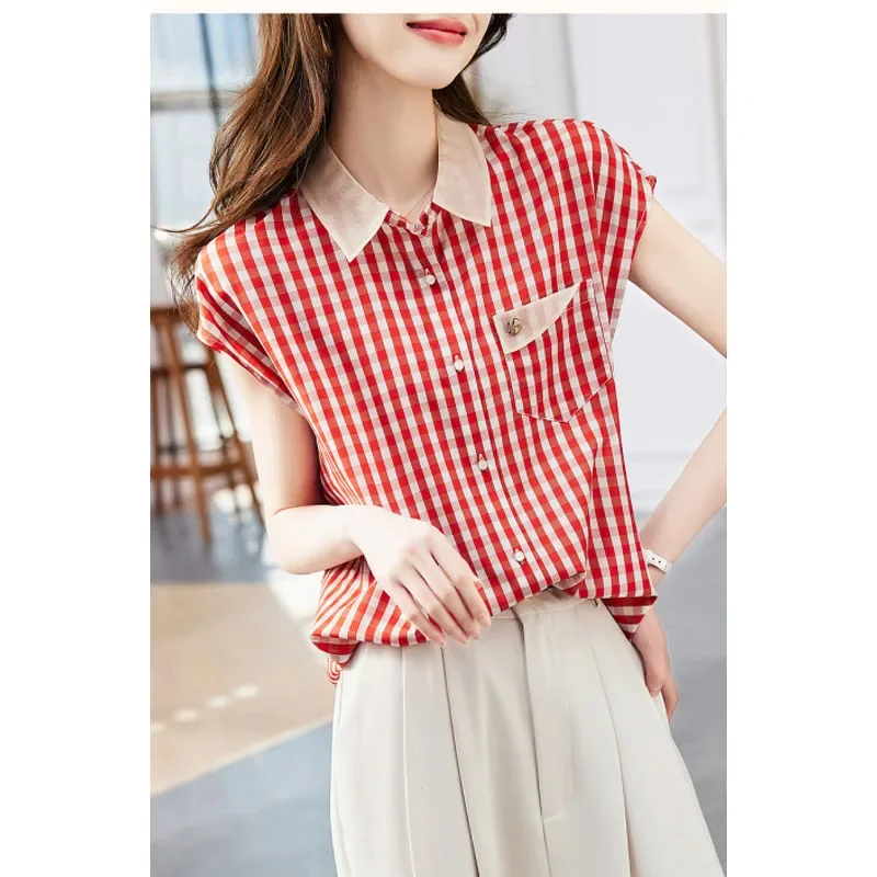 2024 New Women's Summer Korean Version Turn-down Collar Button Contrast Color Plaid Fashion Casual Short Sleeve Shirt Tops