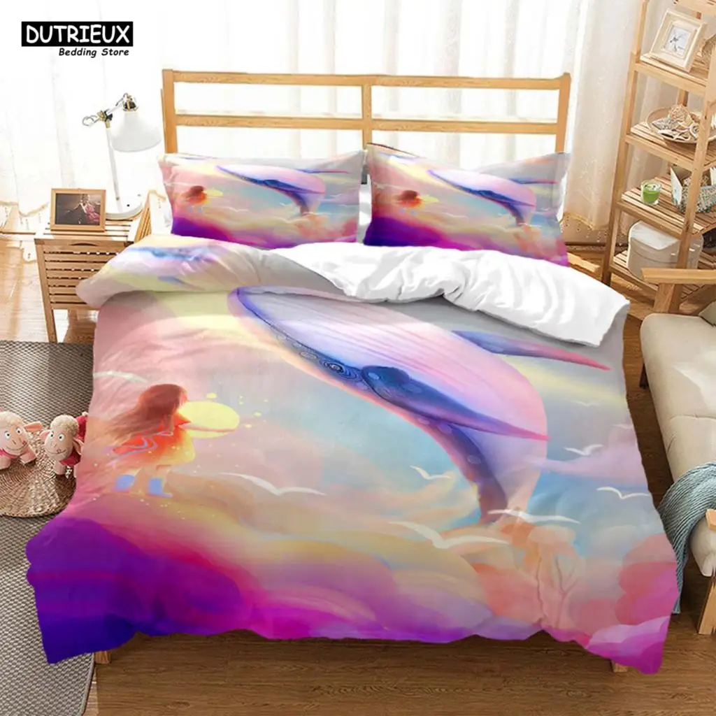 

Whales And Girls Digital Print Polyester Bedding Sets Child Covers Duvet Cover Set For Teens Bedding Set Blue And Pink Covers