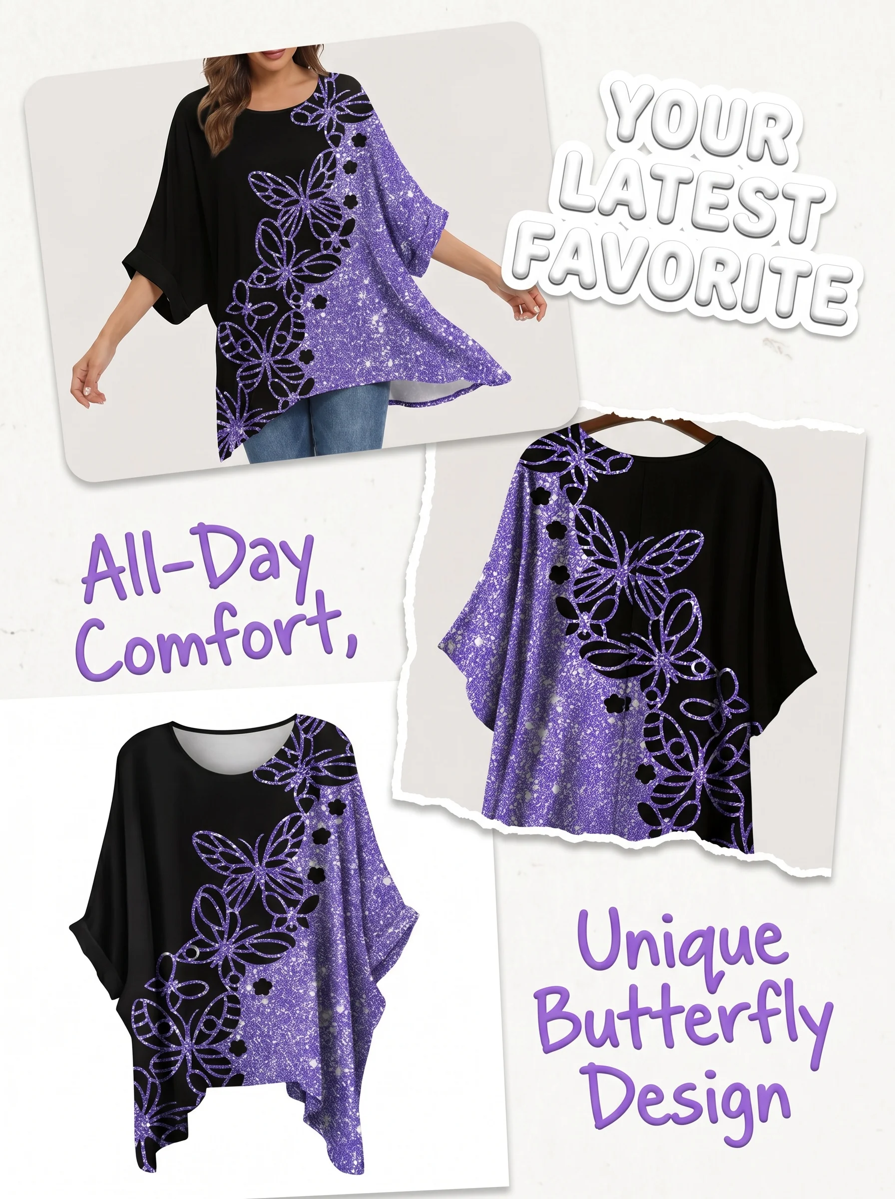 Gadinus Plus Size Damen-Bluse mit abstraktem Aufdruck, lockere Passform, langärmlig, asymmetrischer Saum, Übergröße, lässiges bedrucktes Tunika-Oberteil – Detail 3