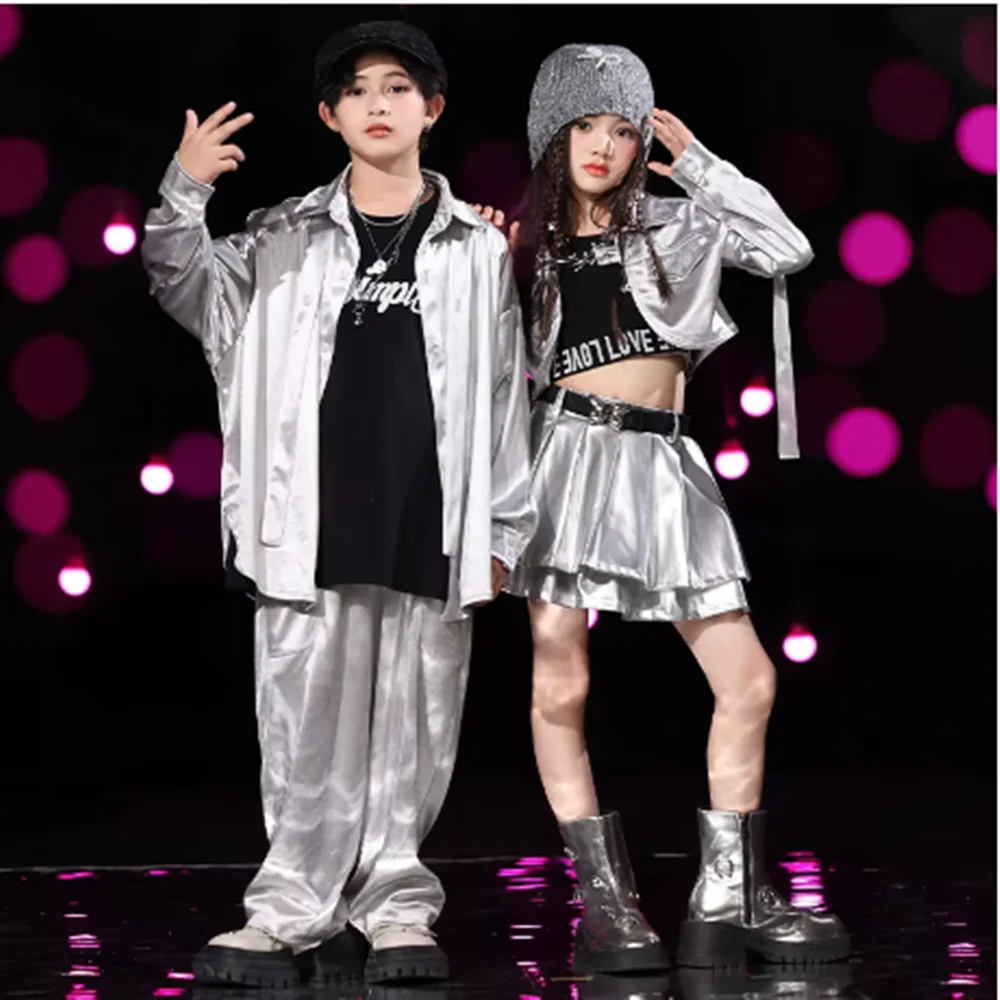 Children Jazz Dance Costume Girl Kpop Hip Hop Stage Costume Silver Oversize Shirt Skirt Pants Boy Fashion Street Dance Wear  y34