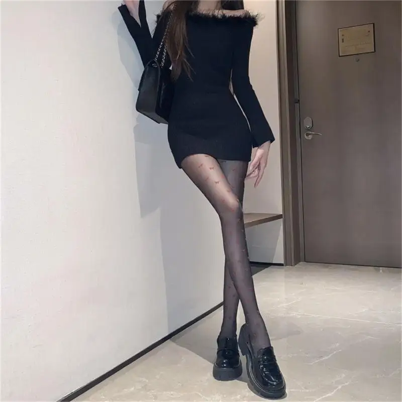 195E Women Sweet Little Red Bows Pattern Black Silk Stocking Thin Vintage Sheer Pantyhose Female Elastic Nylon Tights Hosiery