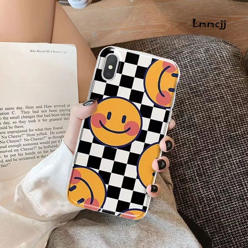 Lmmcjj Smiley Plaid Phone Case For iPhone 11 14 Plus 12 13 Mini XS Max XR X Se 2020 For Samsung Galaxy S23 Ultra Silicone Cover