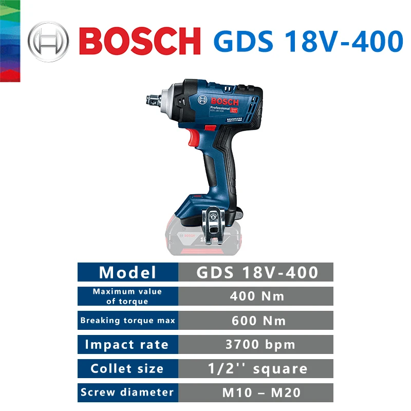 Bosch Impact Wrench 18V Brushless Lithium 400N.m High Torque Rechargeable GDS 18V-400 Electric Wrench Cordless Power Tools