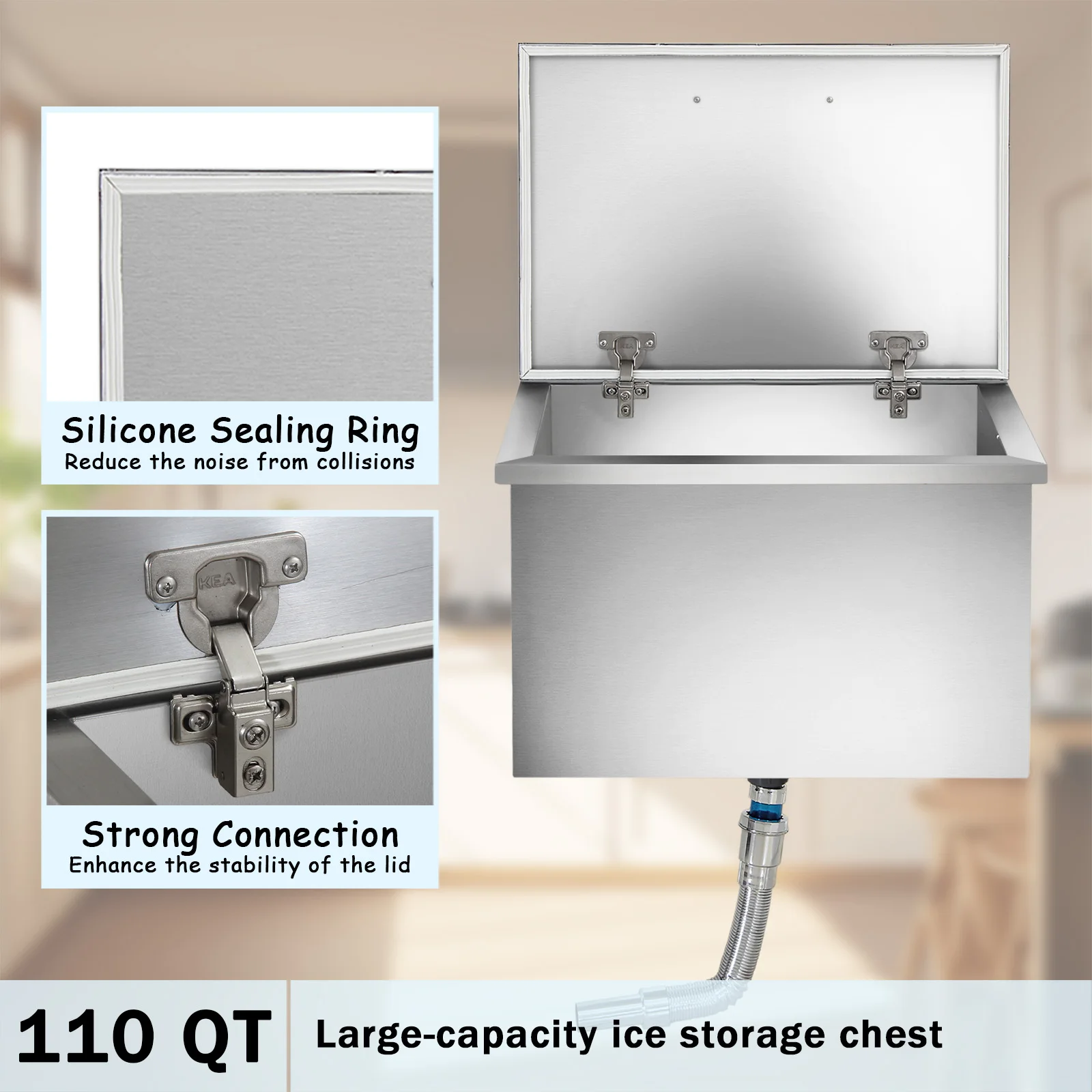 28''×18''×17'' Drop‑in Ice Chest, 110QT Stainless Steel Insulated Cooler with Flip Lid, Handle & Drain Kit for Outdoor Kitchen