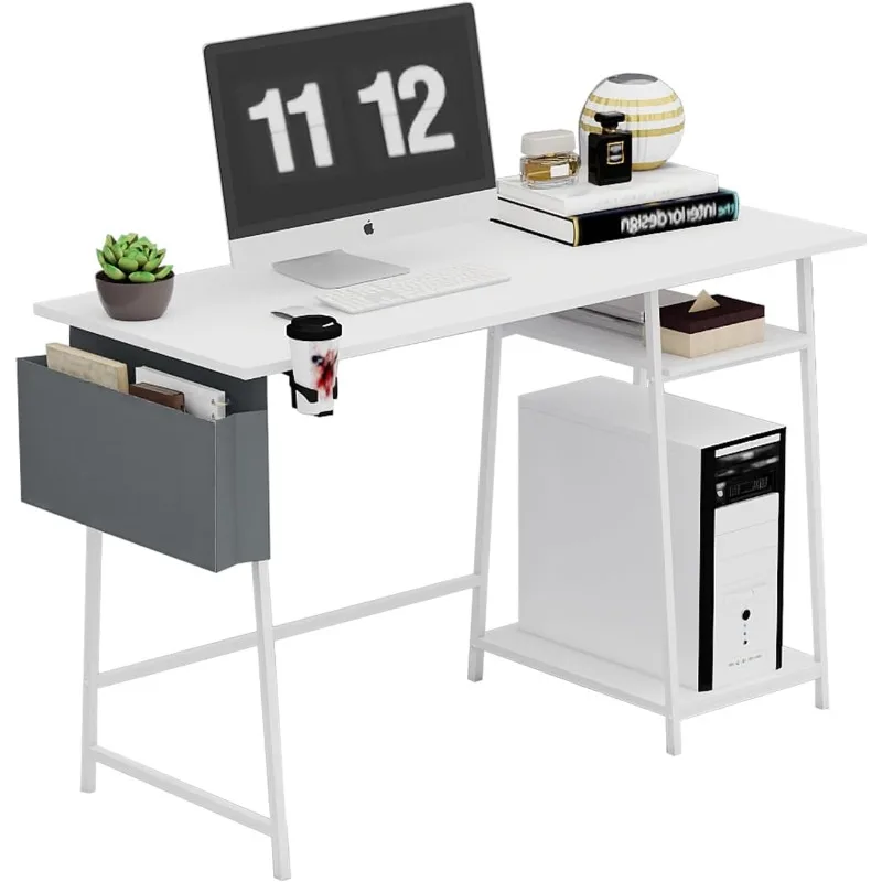 Computer Desk 45 inches with 2 Tier Shelves, Large Sturdy Home Office White Desk with Large Storage Space, Modern Gaming