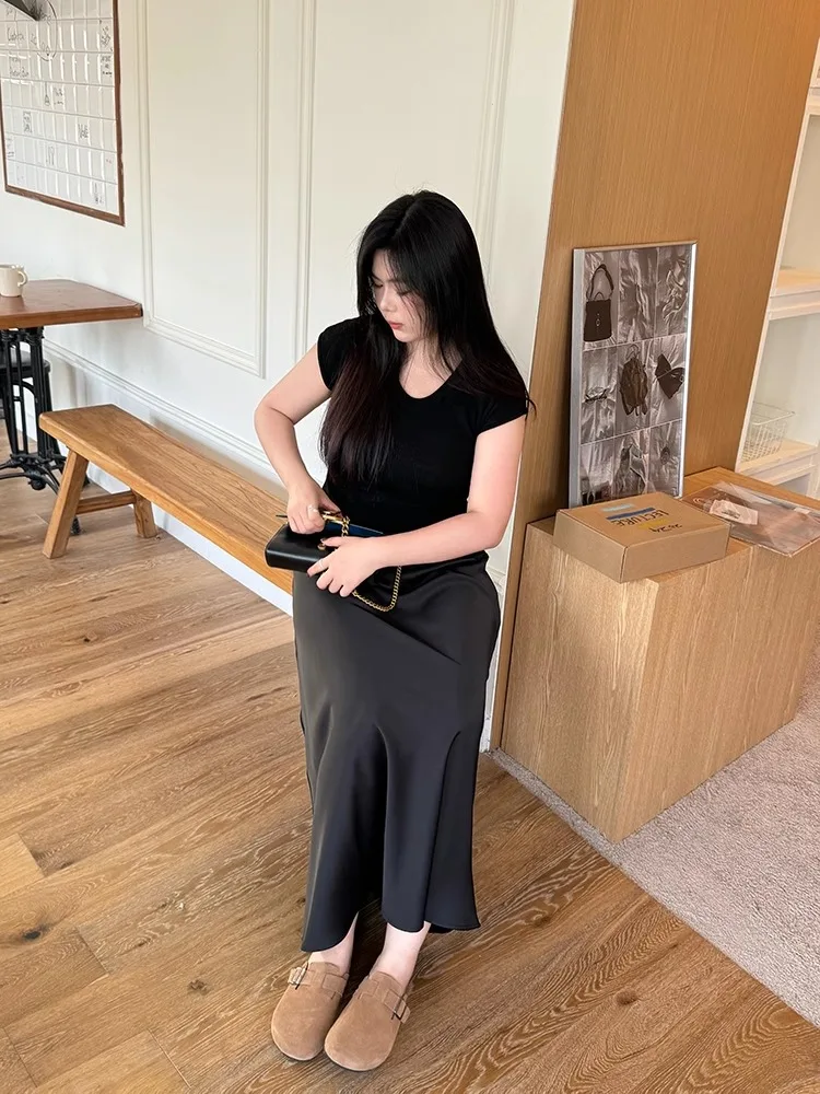 

Юбка NINI ONE из атласа, гладкая, универсальная, стройнящая, с эффектом высокого класса, повседневная, больших размеров, имитация ацетата...