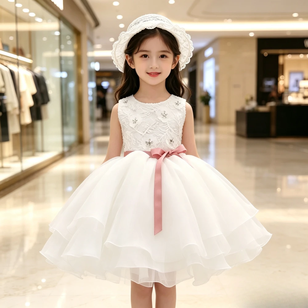 2026Birthday Dresses For Girls Kids Formal Princess Dress White Round Neck Sleeveless Bow Waist Piano Performance FlowerFirst