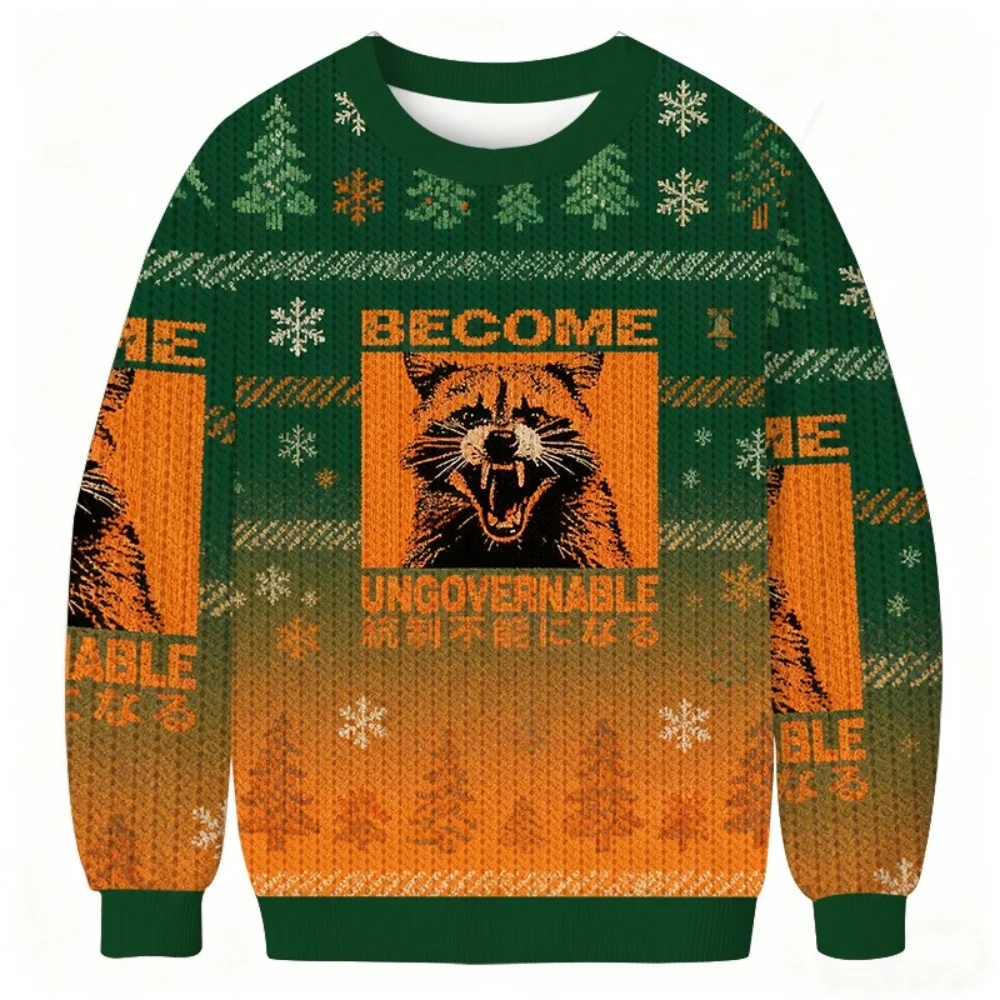 Świąteczne jesienne swetry modne codzienne luźne z długim rękawem okrągły dekolt Harajuku oversize'owe bluzy z motywem szopa pracza świąteczne tuniki