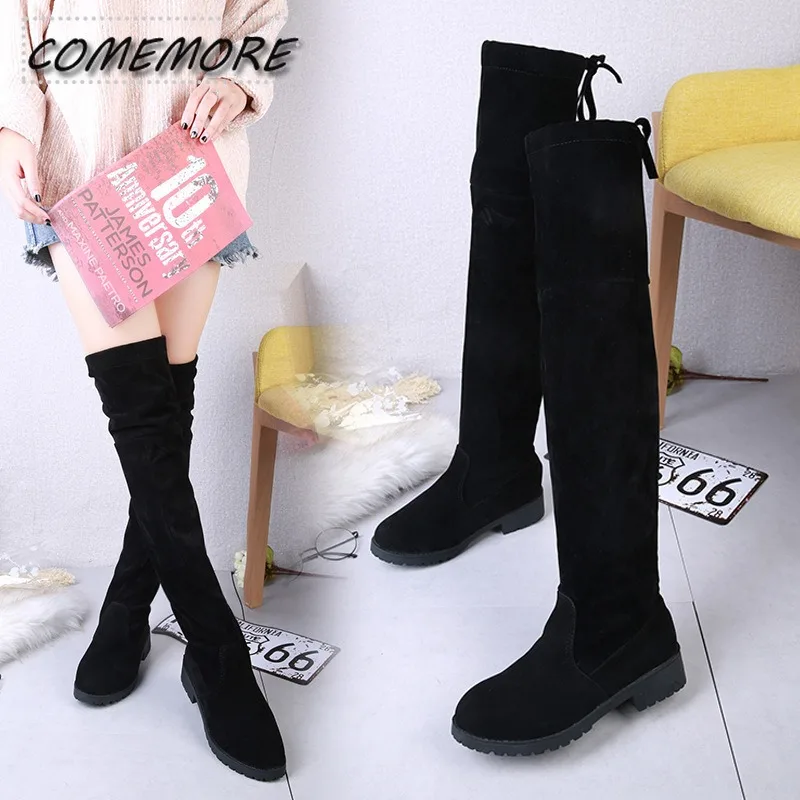 2025 Faux Suede Female Heels Autumn/ Winter Zipper Elastic Knee-high Boots for Women Tube Lace-up Thigh Boots Black Botas Casual