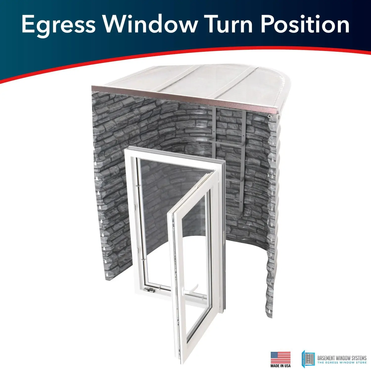 Stone 3141 Egress Tilt & Turn Window System | Includes Right-Hinged European Tilt & Turn Egress Window, Stacked Stone Easy-Well,