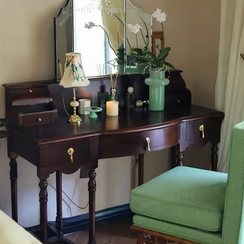 Vintage dresser, antique solid wood powder table, American style bedroom desk, mirror