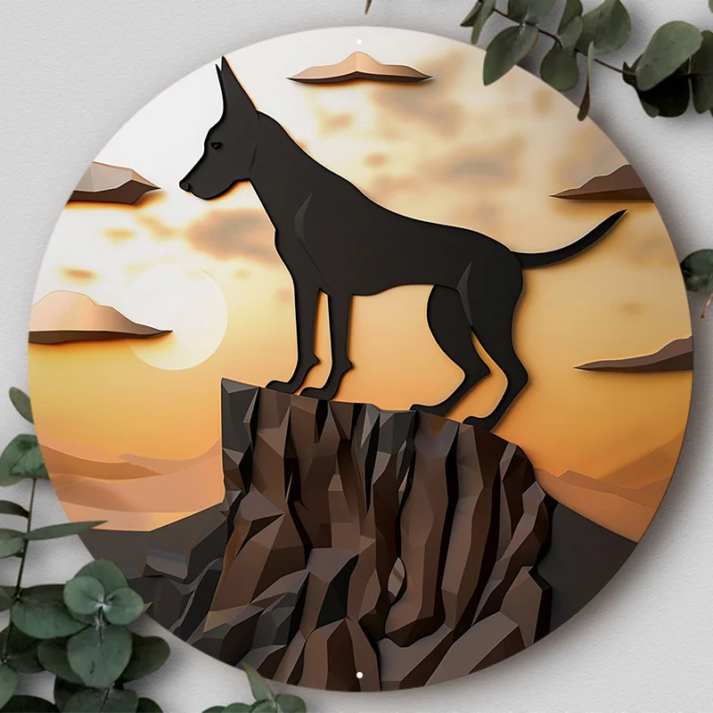 

Round Aluminum Metal Sign with Cute Dog Silhouette, Artistic Plate for Cafe, Bar, Club, Home, Office Wall Decoration