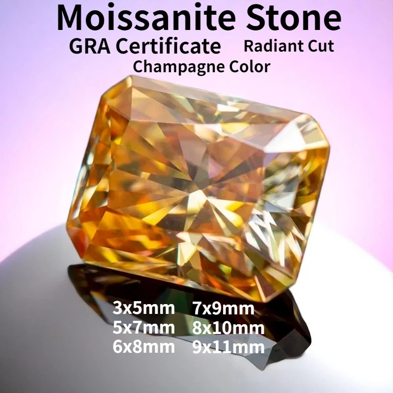 

Champagne Color Moissanite Stone Radiant Cut Lab Grown Gemstone DIY Ring Necklace Earrings Main Materials With GRA Certificate