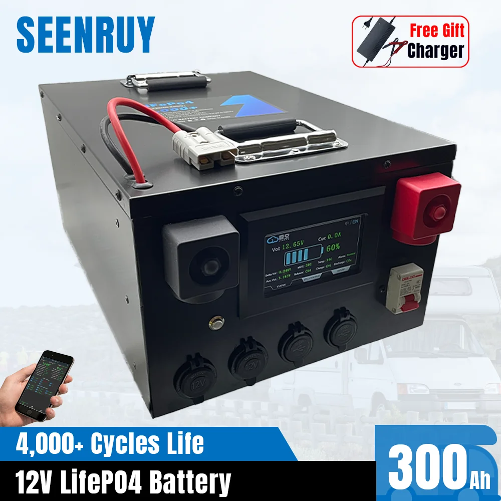 LiFePO4 Bateria com Active Equalização Bluetooth, BMS Grande Capacidade, RV, EV, Campistas ao ar livre com 20A Carregador, 12V, 300Ah