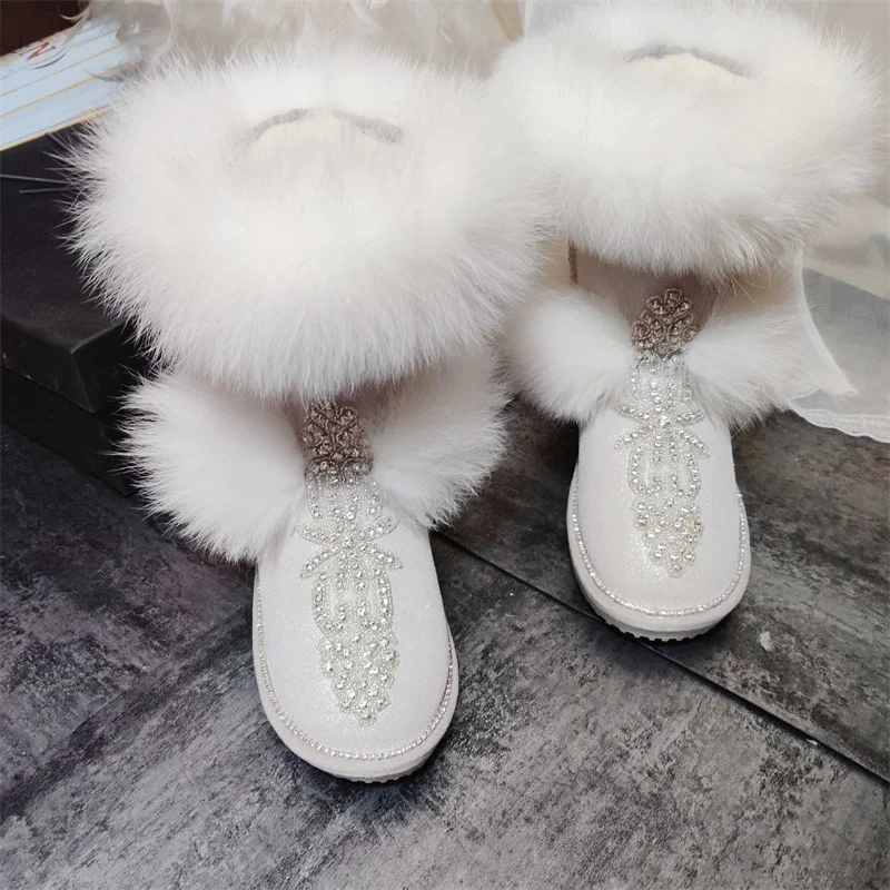 Fur one-piece boots Pearl handmade custom boots Winter plus wool fox hair boots women size 35-44