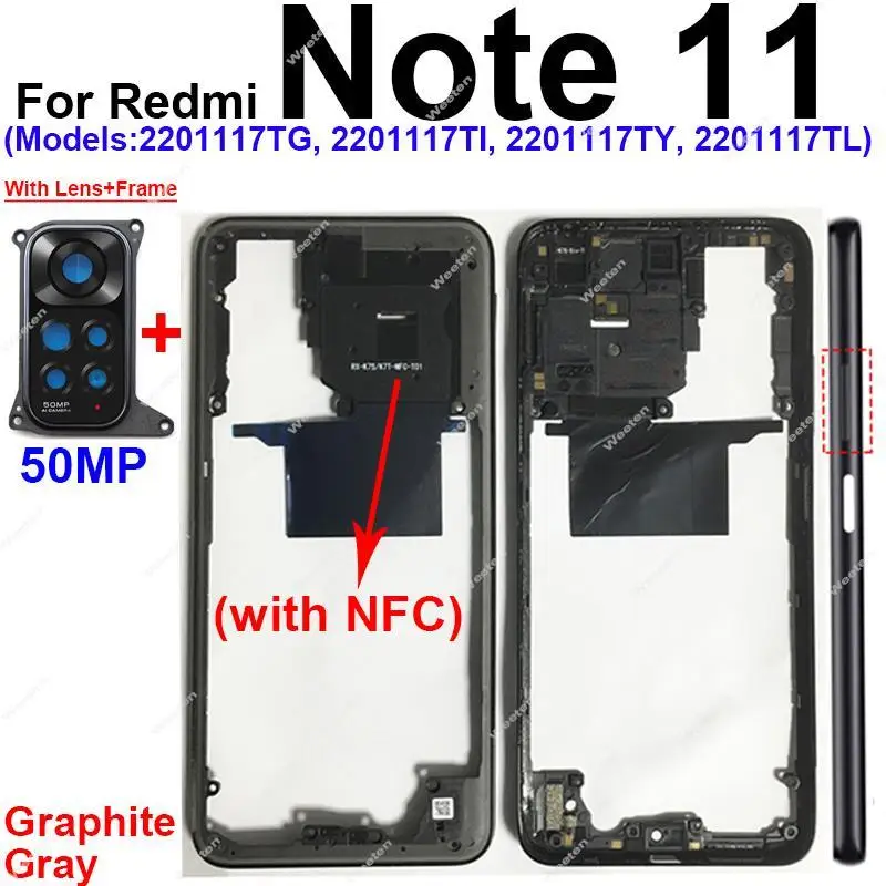 For Xiaomi Redmi Note 11 4G Middle Frame Housing Middle Cover Case Bezel with/without Camera Lens Frame NFC Parts