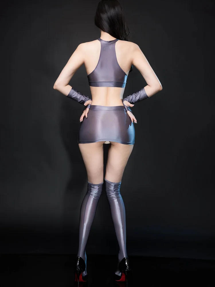 Minifalda elástica de sirvienta para mujer, falda de tubo ajustada a la cadera con paquete brillante al óleo, falda OL, Ropa de baile para chica dulce con guante