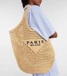 Bolsa de palha de capacidade casual de Raffia para mulheres, grande, entranhada, design de luxo, oca, praia, férias, verão