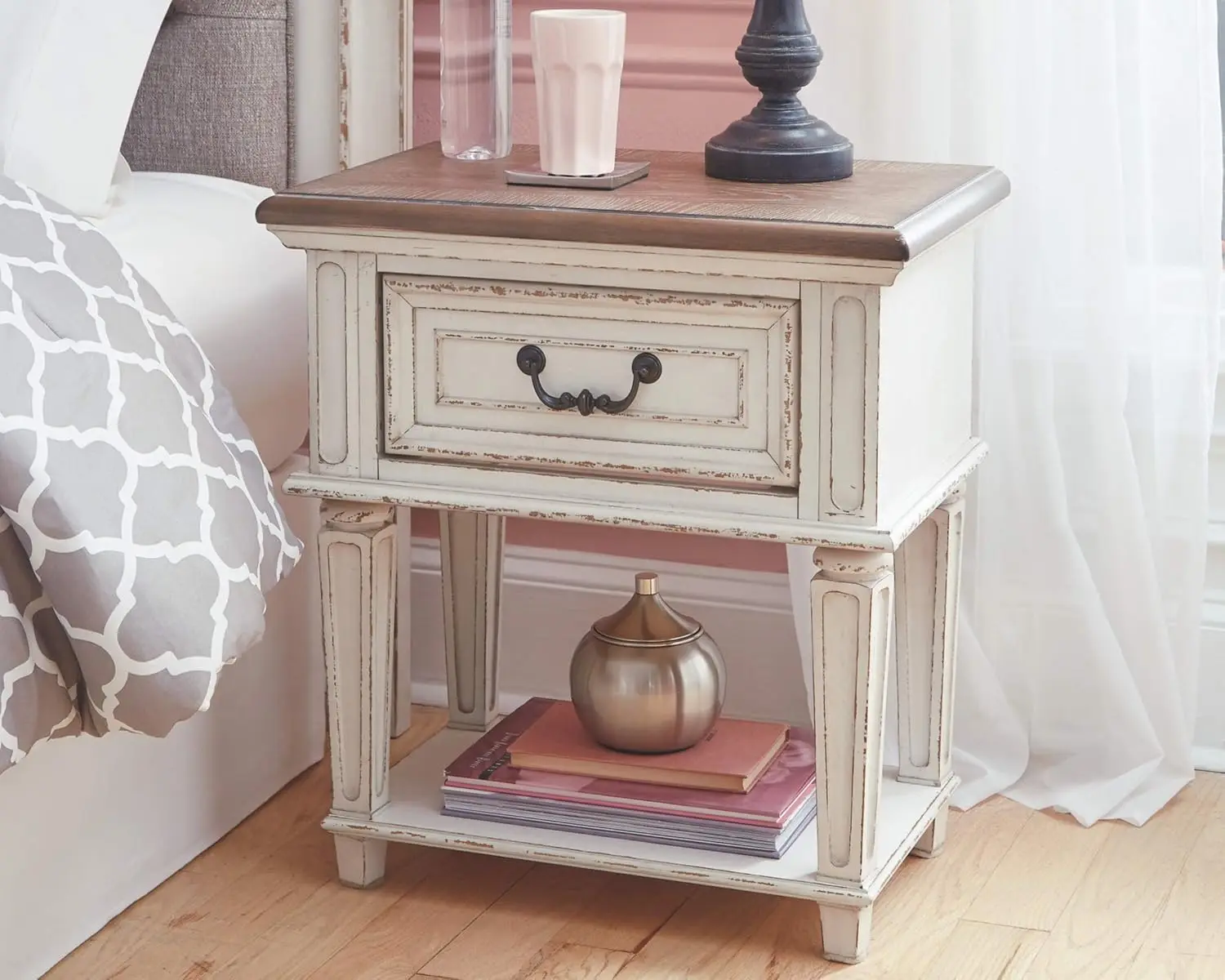 Traditional Cottage 1 Drawer Nightstand with Dovetail Construction & Open Display Shelf, Chipped White, Distressed Brown