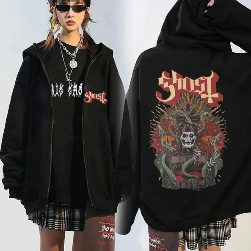 Jaket hoodie bertudung ritsleting mobil Band hantu Vintage mode pria Hip hop Gotik pakaian jalanan ukuran besar mantel baju olahraga bulu