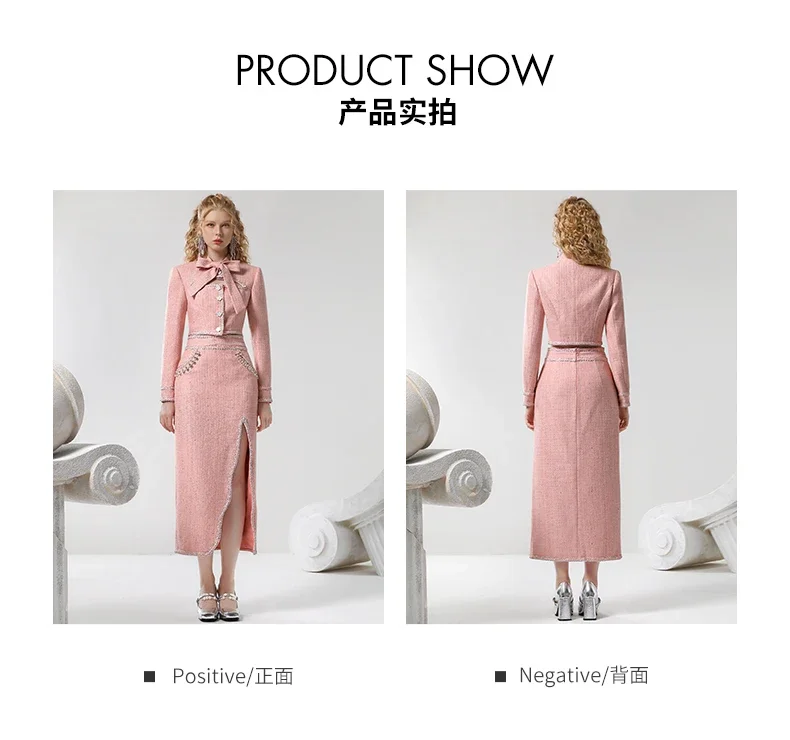 LEOSOXS Elegant Blazer Coat Skirt Set 2024 Autumn and Winter New Pink Bow Jacket Top Long Hip Skirt Two-piece Suit Women Outfit