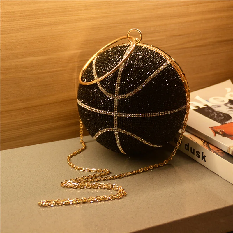 3D Diamond Basketball Round Ball Gold Pink Clutch Purses For Women Evening Rhinestone Handbags Ladies Party Dinner Totes Bag