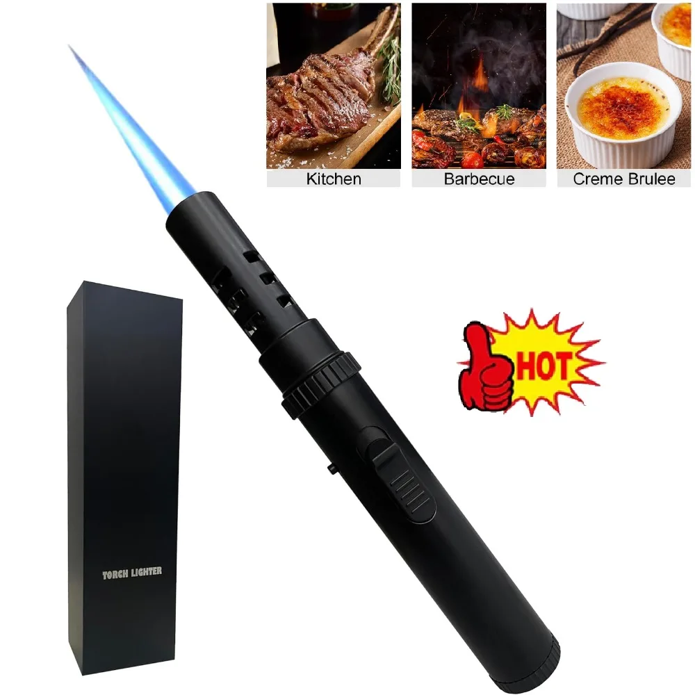 Briquet à flamme réglable rechargeable au butane, résistant au vent, accessoire d'allumage portable, outil multifonctionnel pour le camping, la randonnée en montagne et l'allumage du feu de barbecue