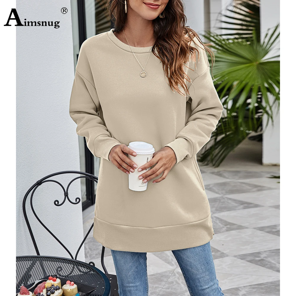 

2023 European Fashion Leisure Sweatshirts Apricot Casual Shirts Long Style Basic Tops Solid Knitted Pullovers Girl's Sweatshirt