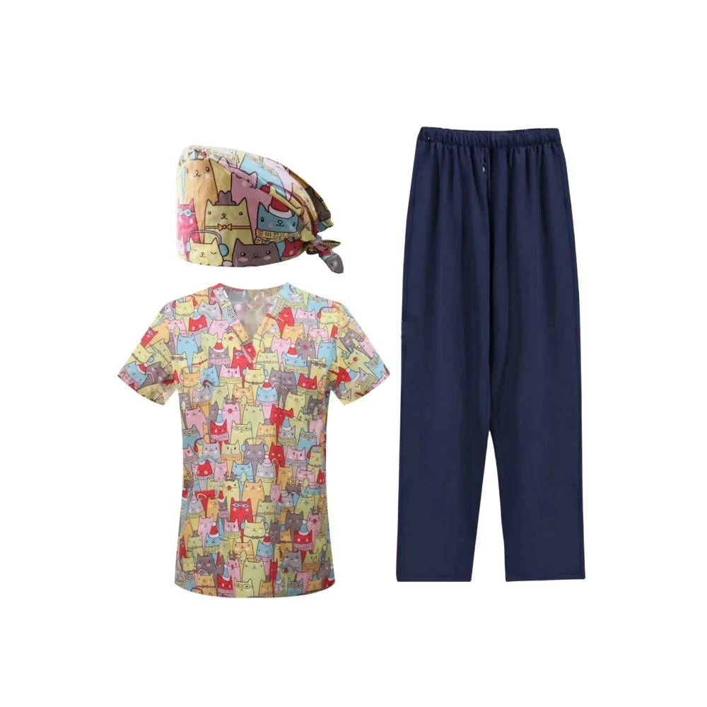Cute Cartoon Pattern 3 Piece Workwear Set V Neck Printed Top Trousers and Hat for Teens Adults Over 14 Years Old