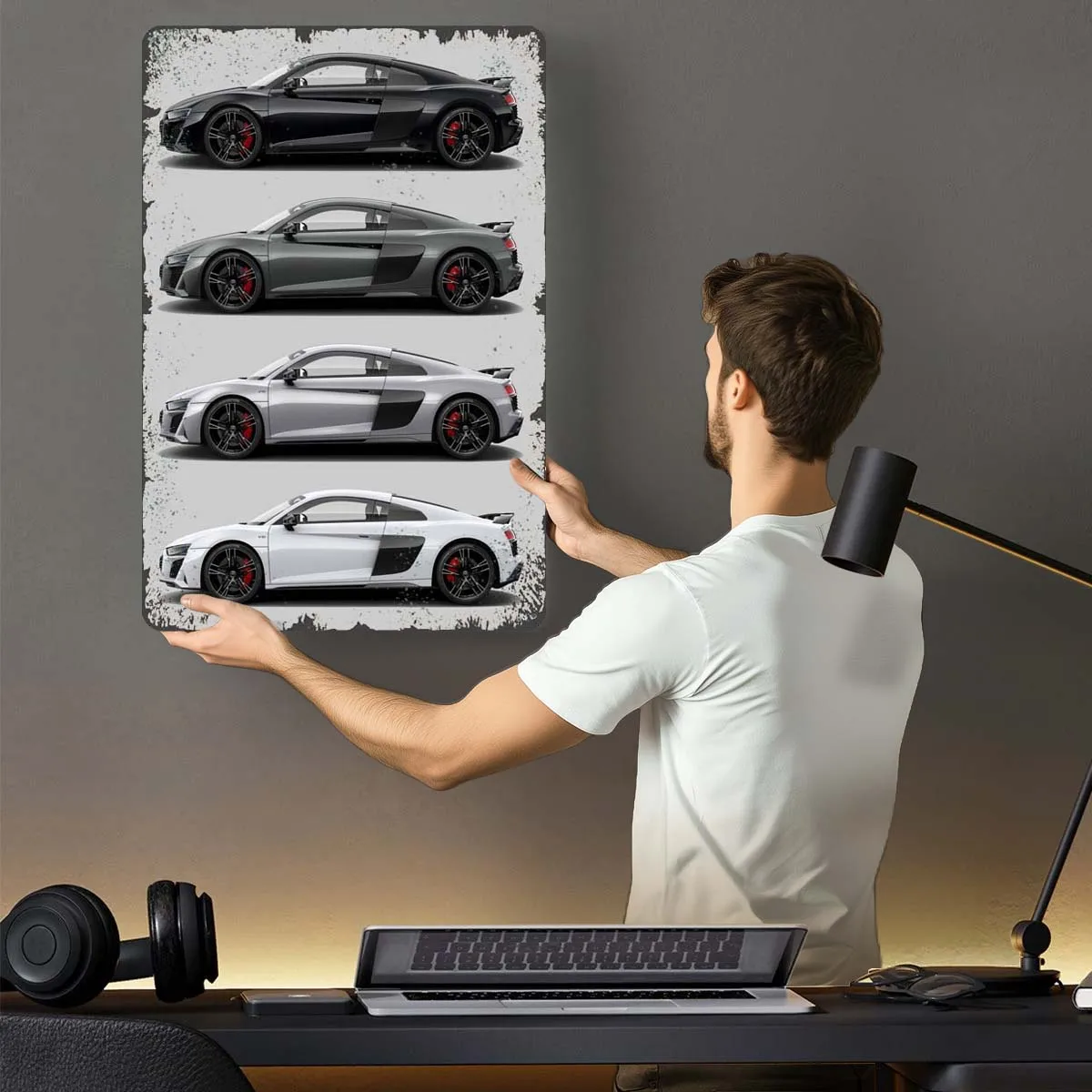 Audi R8 V10 Dark White Metal Sign Cars Poster Gamer Room Decoration Man Retro Tinplate Signs for Garage Wall Art Decoration Home