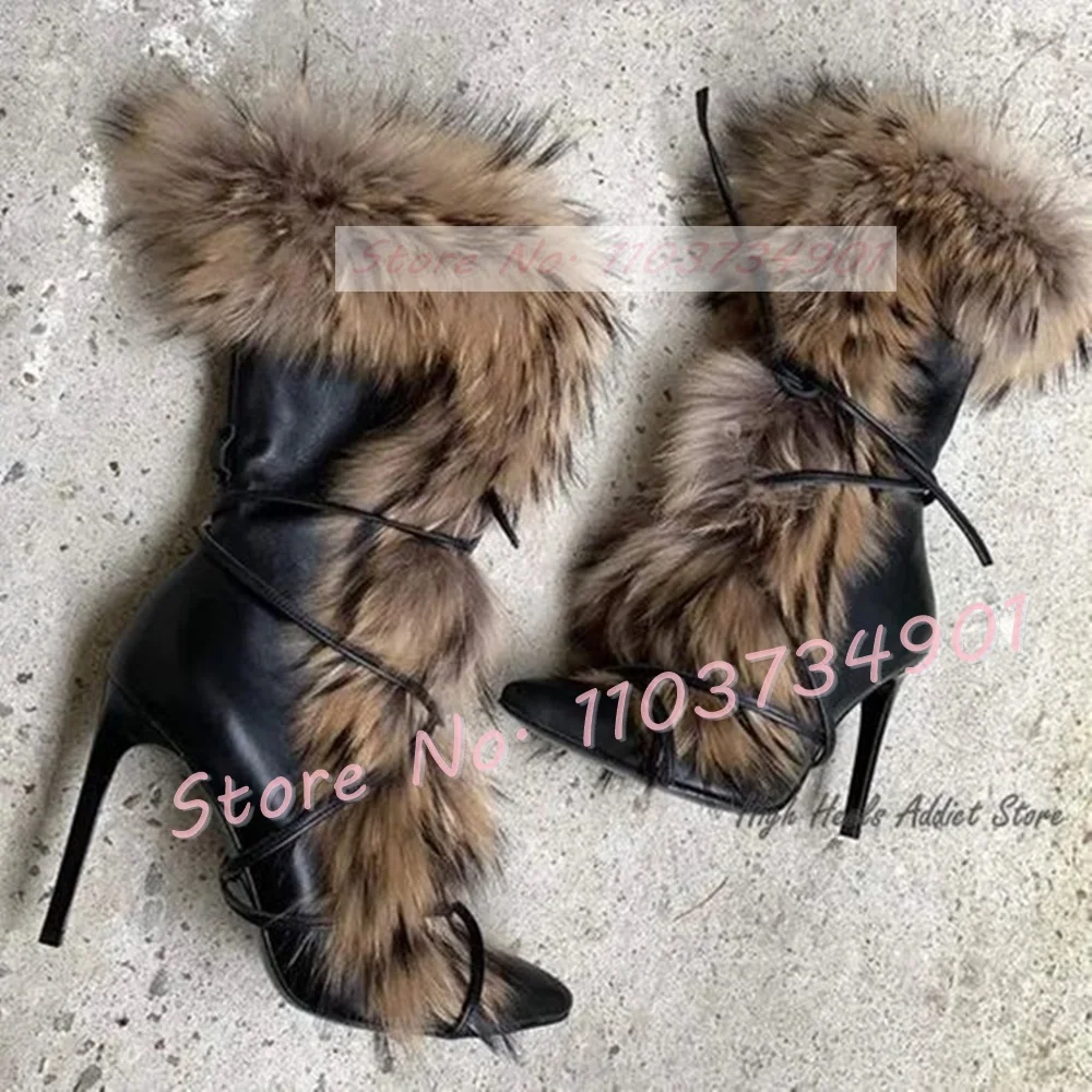 Furry Snake Strap Boots Women Elegant Slip On Pointy Toe Mid Calf Thin High Heels Shoes Female Sexy Fashion Patent Leather Boots