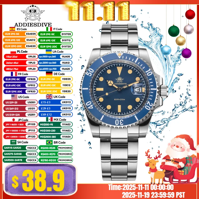 

ADDIESDIVE AD2054 Мужские часы Светящиеся из нержавеющей стали 316L Дата 200M Кварцевые часы с керамическим безелем для дайвинга Relogios Masculino