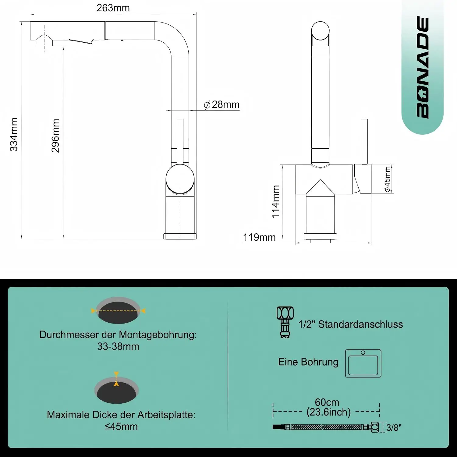Oeegoo 2-teiliger Niederdruck-Küchenschrank Schwarz, 360 ° Drehbar, mit zwei Wassersprüharten, geeignet für niedrigen Druck – Detail 7