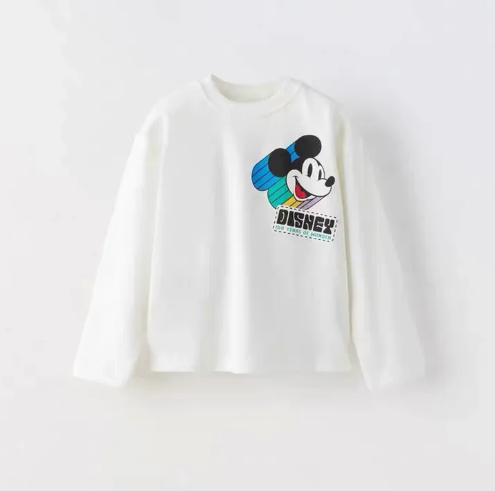 White Tshirt Mickey Mouse Print Base Shirt Boys New Fashion Costume Kids Casual Loose Long-sleeved Tops