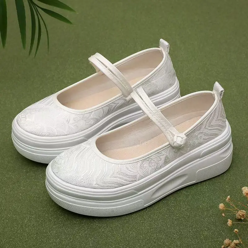 

Женские этнические тканевые туфли на толстой подошве, весна-лето, с круглым носком, на ремешке с пряжкой, белые, увеличивающие рост, в стиле Ханьфу